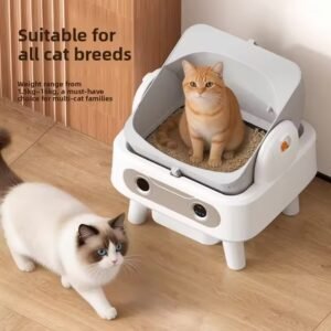 Flip Tilt Semi Automatic Sifting Cat Litter Box Built-in Negative Ion Deodorization Pull Out Waste Drawer Wooden Feet Decor Indoor Pet Cat Toilet