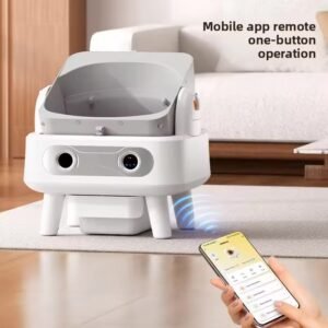 Flip Tilt Semi Automatic Sifting Cat Litter Box Built-in Negative Ion Deodorization Pull Out Waste Drawer Wooden Feet Decor Indoor Pet Cat Toilet