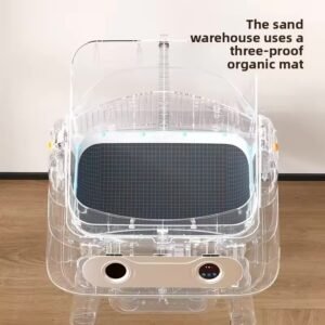 Flip Tilt Semi Automatic Sifting Cat Litter Box Built-in Negative Ion Deodorization Pull Out Waste Drawer Wooden Feet Decor Indoor Pet Cat Toilet