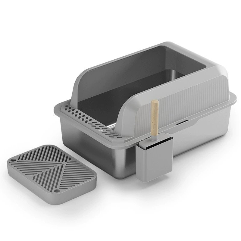 Stainless Steel Cat Litter Box with Anti-Splash Guard & Step Pedal