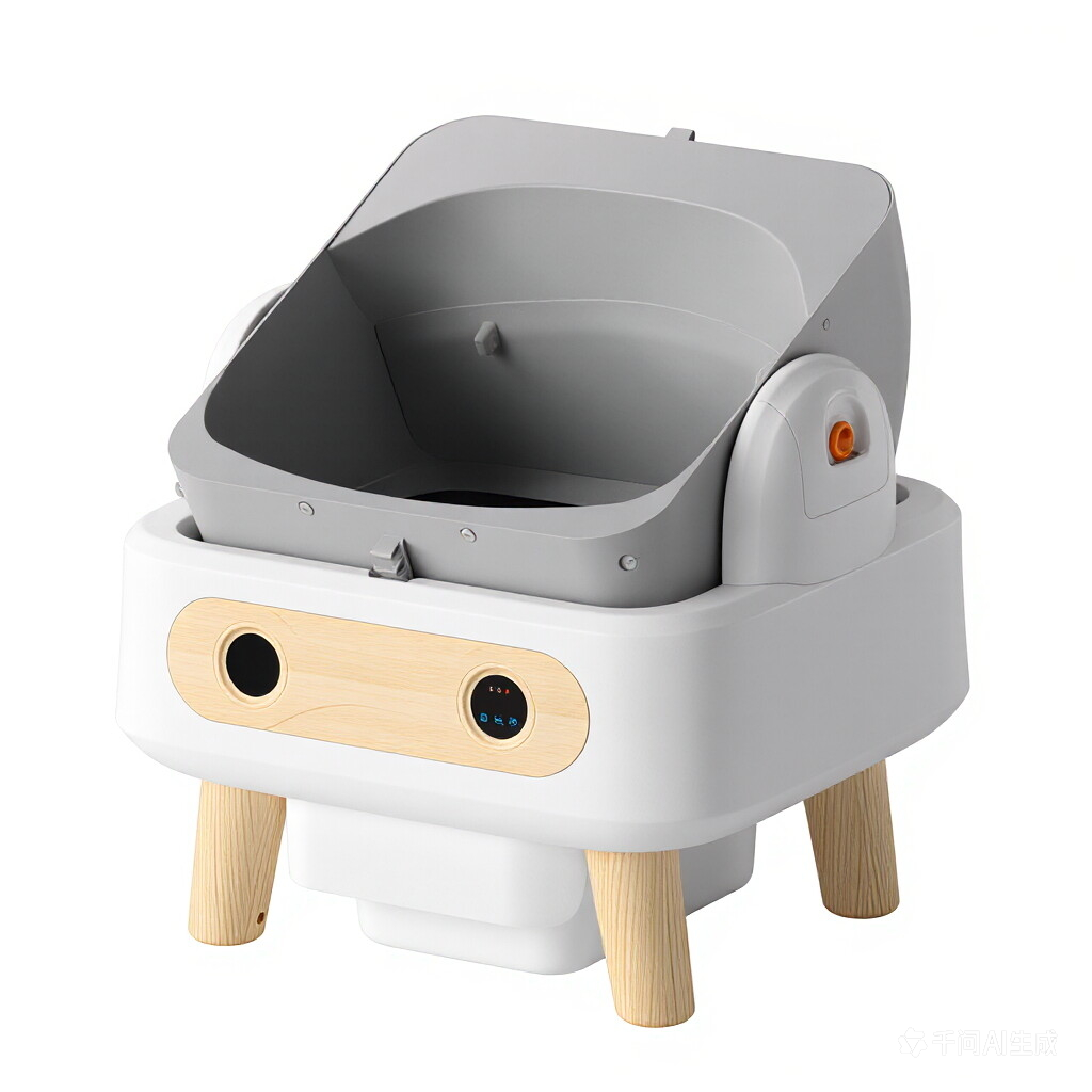 Flip Tilt Semi Automatic Sifting Cat Litter Box Built-in Negative Ion Deodorization Pull Out Waste Drawer Wooden Feet Decor Indoor Pet Cat Toilet